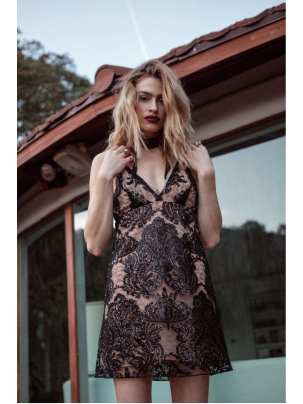Free People Night Shimmers mini dress black sequin metallic lace women's sz 8